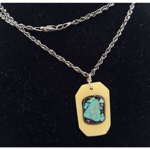 Native Bone Pendant Turquoise Inlay Copper Sterling Silver Italy Chain 24in